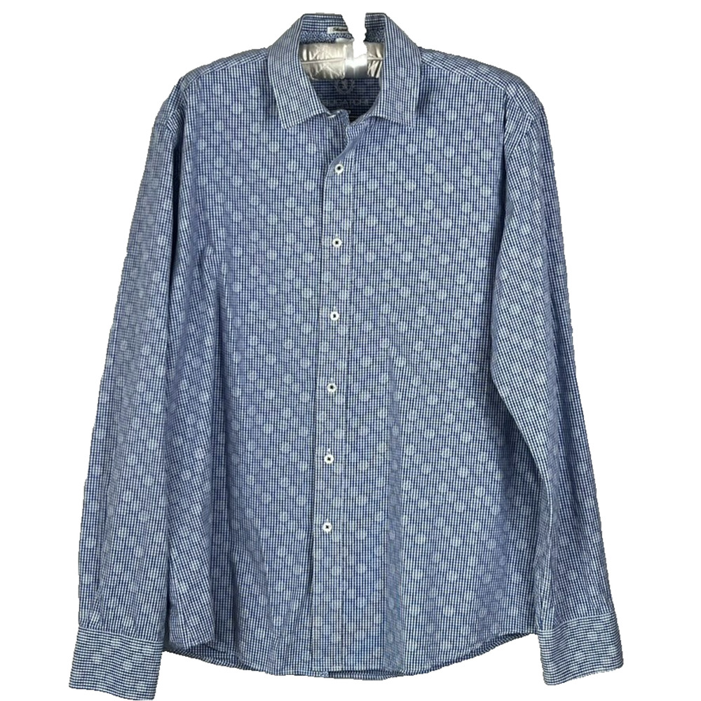 Bugatchi Uomo Shirt Men's L Blue Check Button Up Collared Long Sleeve Shaped Fit